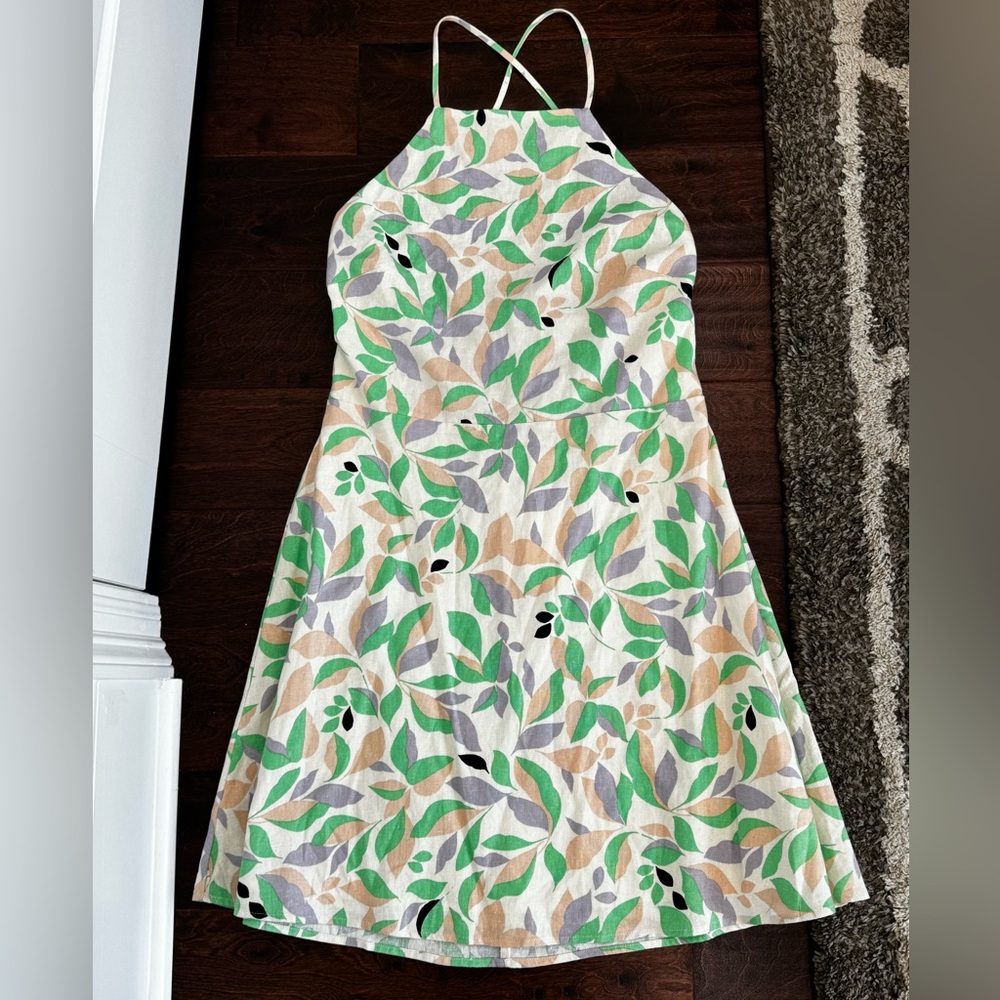 NEW Gianni Bini Linen Strappy Tie-Back Open Back Dress Leaf Leaves Palm Print, L